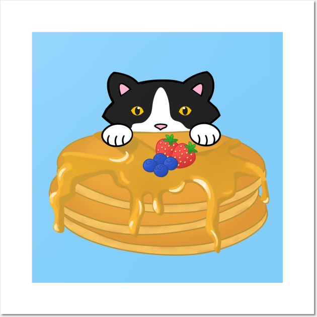 Cute Tuxedo Cat Eating Pancakes Wall Art by Purrfect